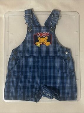 Vintage Pooh Blue Plaid Baby Overalls with Adjustable Straps